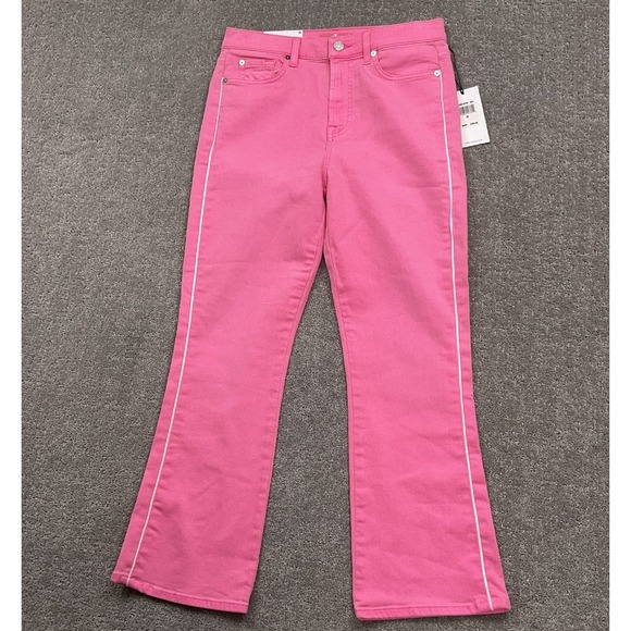 7‎ For All Mankind Jeans Women 29 Pink Neon White Piped High Waist Slim Kick 80s - Picture 1 of 13